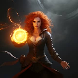 full body shot] [photorealistic render] a 20 female mage fire spell battle red hair curly